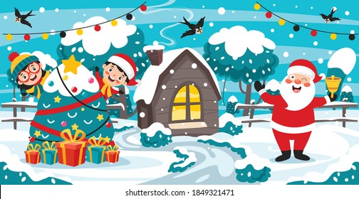 Christmas Greeting Card Design With Cartoon Characters