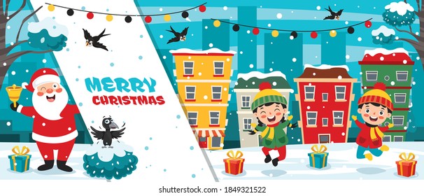 Christmas Greeting Card Design With Cartoon Characters