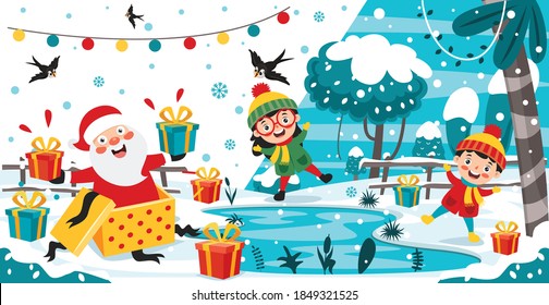 Christmas Greeting Card Design With Cartoon Characters