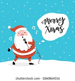 Christmas greeting card design with cartoon Santa Claus character, hand drawn design elements, lettering qoute Merry Xmas.