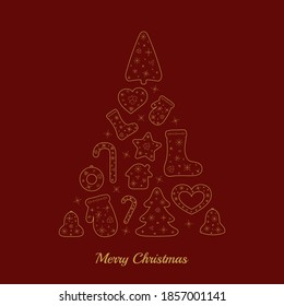 Christmas greeting card design. Composition of Christmas tree with stylized elements such as tree, sock, mitten, heart, star, wreath, bell, house. Vector transparent golden illustration 