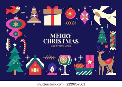 Christmas greeting card design with creative modern elements for decoration. Template background for social media, banner, party invitation or website marketing. Vector illustration