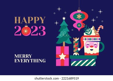 Christmas greeting card design with creative modern decorations and gifts. Template background for social media, greeting card, party invitation or website marketing. Vector illustration