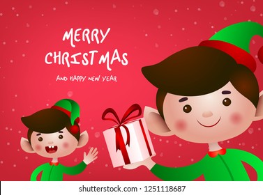 Christmas greeting card design. Cute cartoon elves with gift wishing Merry Christmas on red background. Illustration can be used for banners, flyers, posters