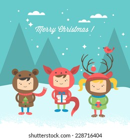 Christmas greeting card design with cute kids wearing costumes