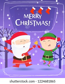 Christmas greeting card design. Dancing Santa Claus and elf and hanging stockings on violet background. Template can be used for banners, posters, postcards