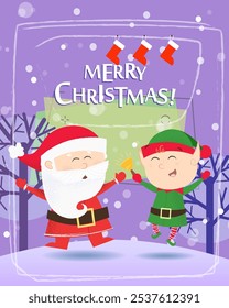 Christmas greeting card design. Dancing Santa Claus and elf and hanging stockings on violet background. Template can be used for banners, posters, postcards