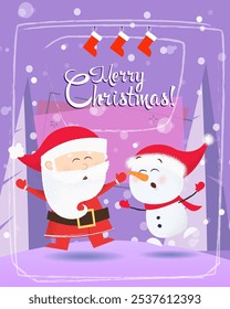 Christmas greeting card design. Dancing Santa Claus, snowman and Xmas stockings on violet background. Template can be used for banners, posters, postcards
