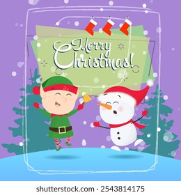 Christmas greeting card design. Dancing snowman and elf and hanging stockings on abstract background. Template can be used for banners, posters, postcards