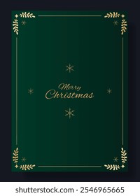 Diseño de tarjeta de felicitación de Navidades. Fondo verde oscuro con marco decorativo dorado, copos de nieve Pequeños y elegante texto de Navidades alegres. Festiva, invierno, celebración, minimalista, festivo, con clase