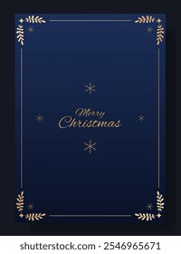 Christmas greeting card design. Dark blue background with gold decorative frame, small snowflakes, and elegant Merry Christmas text. Holiday, winter, celebration, minimalistic, festive, classy