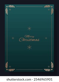 Diseño de tarjeta de felicitación de Navidades. Fondo azul oscuro con marco decorativo dorado, copos de nieve Pequeños y elegante texto de Navidades alegres. Festiva, invierno, celebración, minimalista, festivo, con clase