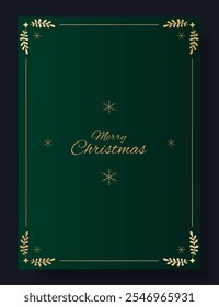 Diseño de tarjeta de felicitación de Navidades. Fondo verde oscuro con marco decorativo dorado, copos de nieve Pequeños y elegante texto de Navidades alegres. Festiva, invierno, celebración, minimalista, festivo, con clase