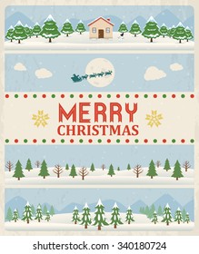 Christmas greeting card design with different banners. Vector town background