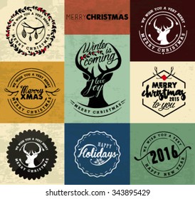 Elementos de diseño de tarjetas de felicitación navideña, distintivos y etiquetas en estilo vintage
