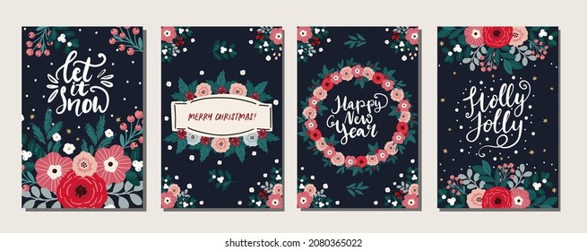 Christmas greeting card design, floral traditional whimsical banner, poster, card template. Vector floral arrangement, hand lettering phrases, winter holidays elements on dark background