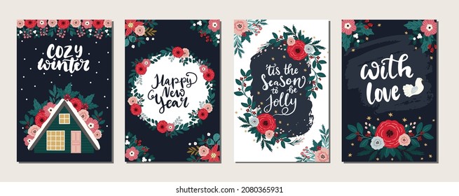Christmas greeting card design, floral traditional whimsical banner, poster, card template. Vector floral arrangement, hand lettering phrases, winter holidays elements on dark background