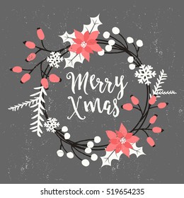 Christmas Greeting Card Design With Floral Wreath Decoration And Hand Lettered Text. Modern Winter Season Postcard, Brochure, Wall Art Design.