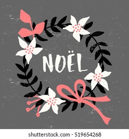 Christmas greeting card design with floral wreath decoration and hand lettered text. Modern winter season postcard, brochure, wall art design.