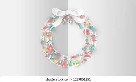 Christmas greeting card design. frame in the form of Christmas wreath made from elements of Christmas. paper cut and craft design. vector, illustration.