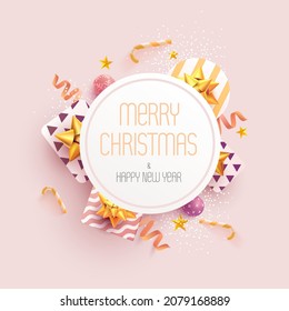Christmas greeting card design with gifts, balls and golden ribbon. New year decorations. Top view.