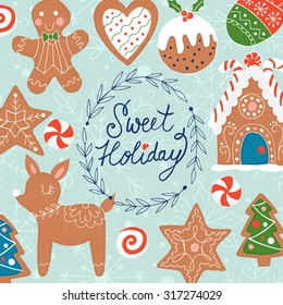 Christmas greeting card design with gingerbread cookies. Hand drawing vector illustration