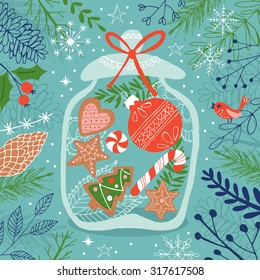 Christmas greeting card design with gingerbread cookies and candy in jar. Hand drawing vector illustration