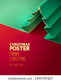 Christmas greeting card design with green origami fir tree on red background. Holiday festive template for poster, banner and flyer. Not generated by AI.