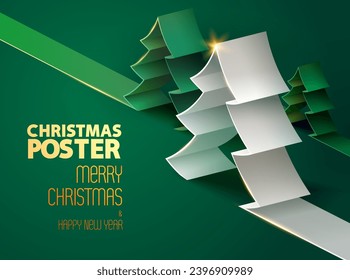 Christmas greeting card design with green origami fir tree on green background. Holiday festive template for poster, banner and flyer. Not generated by AI.