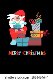Christmas greeting card design. Hand drawn funny Santa Claus with gift packages on dark background