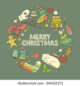 Christmas greeting card design with hand drawing doodles. Winter holiday design. New year elements.