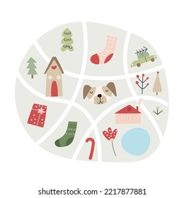Christmas greeting card design, holiday map. Vector illustration.