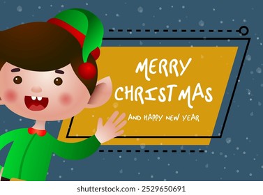 Christmas greeting card design. Joyful elf on abstract background. Illustration can be used for banners, flyers, posters