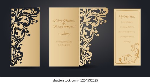 Christmas greeting card design for laser cutting. New Year's and Christmas. Openwork pattern for envelopes, postcards, invitations to New Year events. Cutting out of paper, cardboard, plastic. Vector