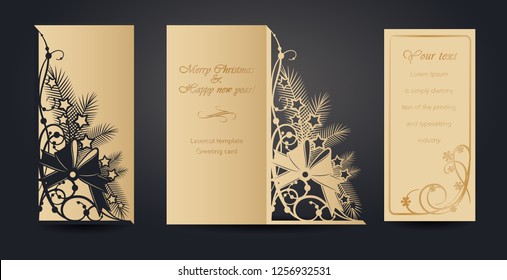 Christmas greeting card design for laser cutting. New Year's and Christmas. Openwork pattern for envelopes, postcards, invitations to New Year events. Cutting out of paper, cardboard, plastic. Vector