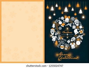 Christmas greeting card design with luminous Christmas ornaments placed on different backgrounds