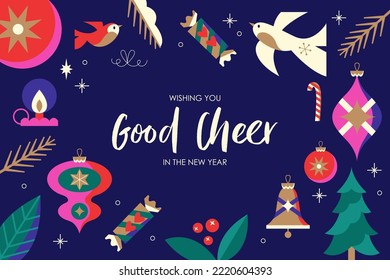 Christmas greeting card design with ornaments and decorations. Template background for social media, banner, party invitation or website marketing. Vector illustration