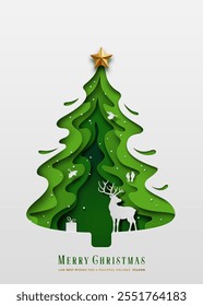 Christmas Greeting Card Design. Paper art craft, Deer in forest with snow and birds. Overall composition appears as Christmas tree. Vector illustration. 