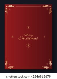 Diseño de tarjeta de felicitación de Navidades. Fondo azul rojo con marco decorativo dorado, copos de nieve Pequeños y elegante texto de Navidades alegres. Festiva, invierno, celebración, minimalista, festivo, con clase