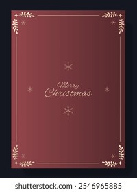 Diseño de tarjeta de felicitación de Navidades. Fondo azul rojo con marco decorativo dorado, copos de nieve Pequeños y elegante texto de Navidades alegres. Festiva, invierno, celebración, minimalista, festivo, con clase