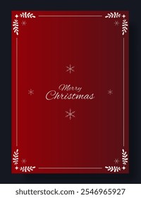 Diseño de tarjeta de felicitación de Navidades. Fondo azul rojo con marco decorativo dorado, copos de nieve Pequeños y elegante texto de Navidades alegres. Festiva, invierno, celebración, minimalista, festivo, con clase