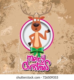 Christmas greeting card design with reindeer pointing at something in a circle. Merry christmas calligraphy. Old paper and Grunge effect with carving style Vector Illustration