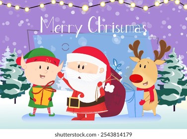 Christmas greeting card design. Santa Claus with sack, reindeer and elf holding gifts. Night snowy forest in background. Template can be used for banners, posters, postcards