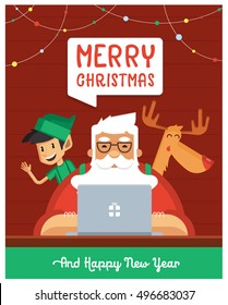 Christmas Greeting Card Design. Santa Work space with Laptop, Elf and Reindeer. Merry Christmas Night Greeting Card Design 