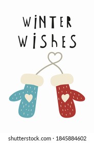 Christmas greeting card design in Scandinavian style. Christmas mittens on white background. Vector illustration for winter holiday. Lettering Winter wishes.