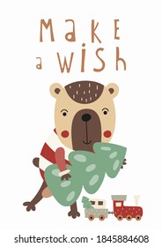 Christmas greeting card design in Scandinavian style. Cute bear and tree on white background. Vector illustration for winter holiday. Lettering Make a wish.