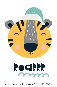 Christmas greeting card design in Scandinavian style. Christmas animals - tiger on white background. Vector illustration for winter holiday. Lettering Roar.