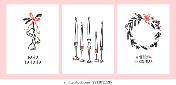 Christmas greeting card design set, minimalism line drawings of bells, candles, christmas wreath. Festive simple doodle vector illustration on white background