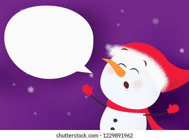 Christmas greeting card design. Snowman in hat and scarf calling sack on purple background with snowflakes, speech bubble for your text. Vector can be used for banners, posters, flyers and brochures