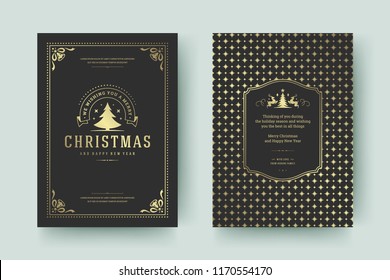 Christmas greeting card design template. Merry Christmas and holidays wishes retro typographic label and place for text with pattern background. Vector illustration.